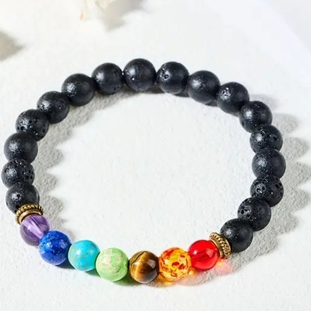 NEW! Black Lava Stone Chakra Bead Bracelet with Multicolor Accent Beads